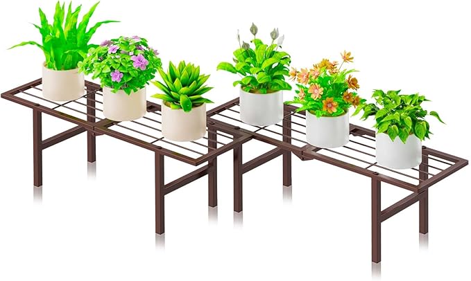 2 Pack Metal Plant Stand Outdoor Indoor, 1 Tier Folding Tiered Flower Plant Shelf, Heavy Duty Ladder Multiple Pot Display Plant Rack for Patio Garden Balcony Windowsills, Brown JSYONII