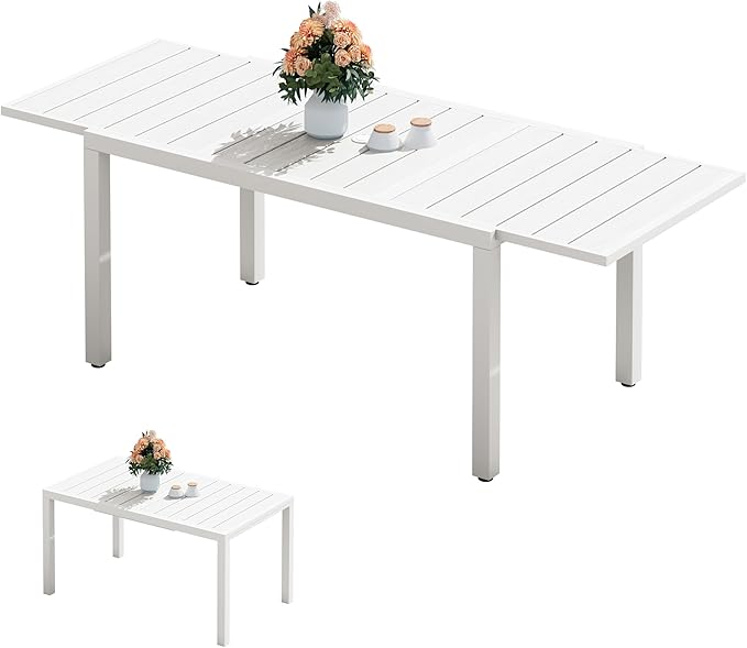 SERWALL Outdoor Expandable Dining Table 60" - 83", Patio Dining Table for 4-10 People, All Weather HDPE and Aluminum Outdoor Furniture for Backyard, Garden, White SERWALL