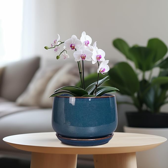 G EPGardening Ceramic Pot for Plants - Modern 7 Inch Round Planter with Drainage and Tray Indoor Outdoor for Flower, Porch Decor, Gardening Gifts, Retro Blue GEPGardening