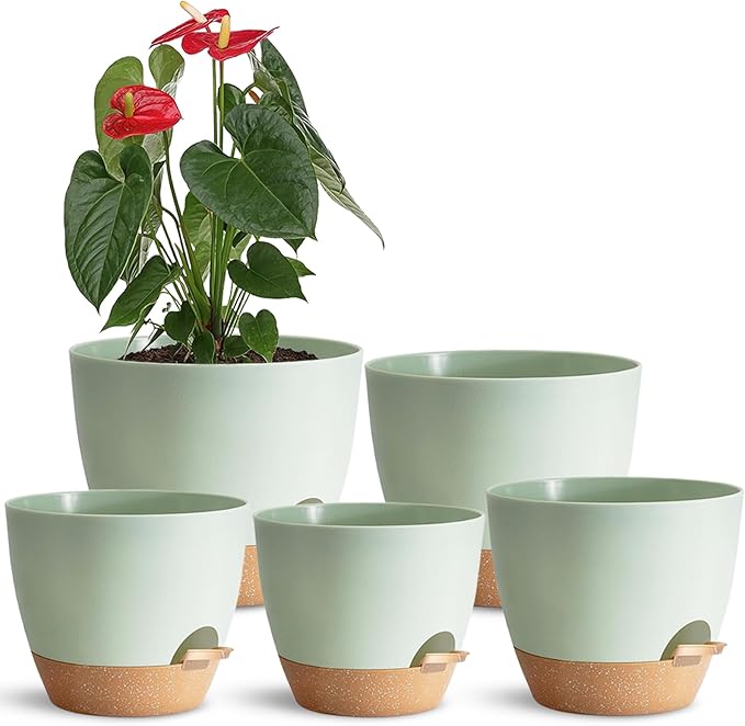 Self Watering Planter Pots Set of 5 - Green Plastic Indoor Pots with Drainage Holes, Saucers and Reservoir for Home Decor, Office Desk, Windowsill, Shelf (Gift Idea) SESUN-E