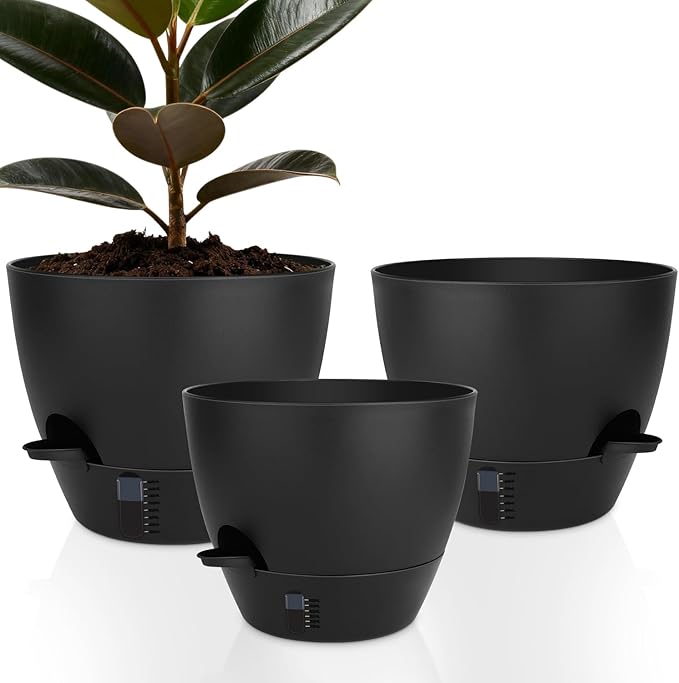 Self-Watering Plant Pots with Water Level Indicator, Drainage Holes & Saucers – 12/10/9 Inch Large Plastic Planter Set for Indoor & Outdoor Plants (Pure Black) QRRICA