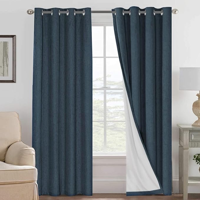 H.VERSAILTEX Linen Curtains 100% Blackout Curtains for Bedroom 102 inch Long Full Light Blocking Nature Linen Blended Window Curtains for Living Room Nickel Grommet (2 Panels, Navy) HVERSAILTEX