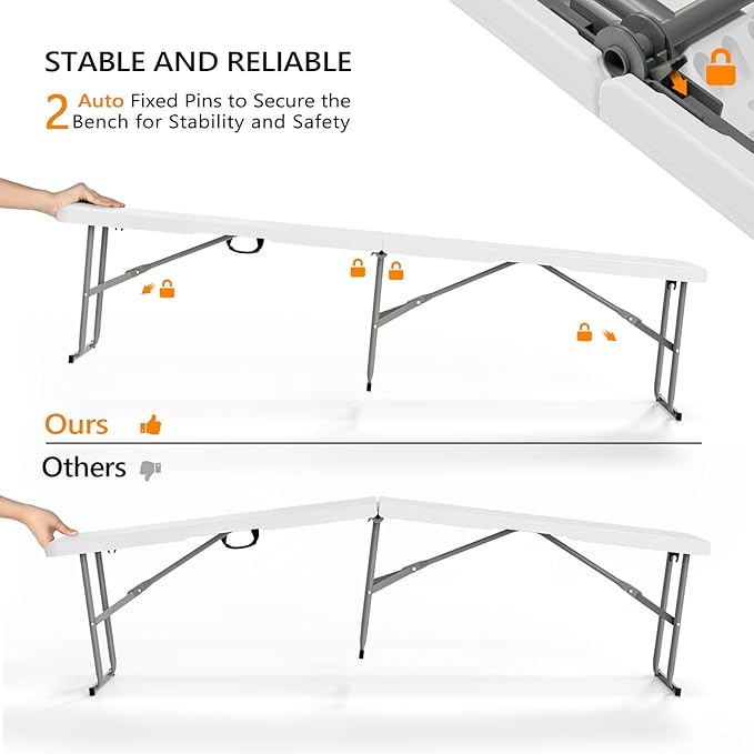 VINGLI 6 feet Plastic Folding Bench,Portable in/Outdoor Picnic Party Camping Dining Seat, Garden Soccer Multipurpose Entertaining Activities, Smooth HDPE Tabletop, 1 Pack, White VINGLI