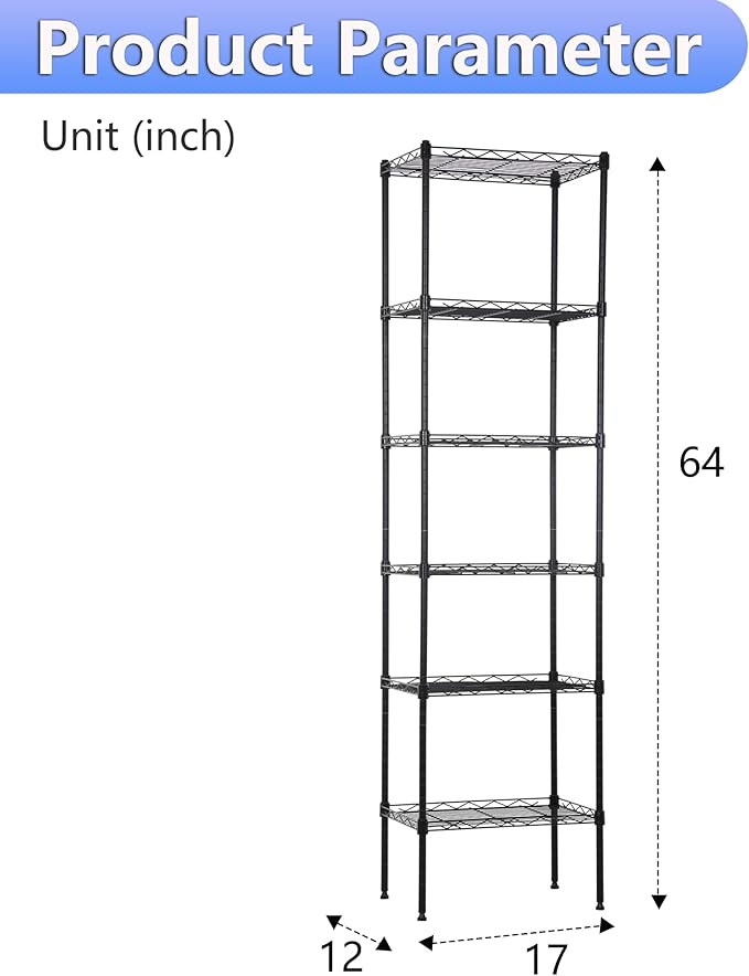 BestOffice | 6-Tier Wire Storage Shelves | 17x12x64 | Black | with Adjustable Racks | Heavy-Duty Metal Shelf, Holds Upto 600 lbs | No-Tool Assembly | Ideal for Home & Garage Shelving BestOffice