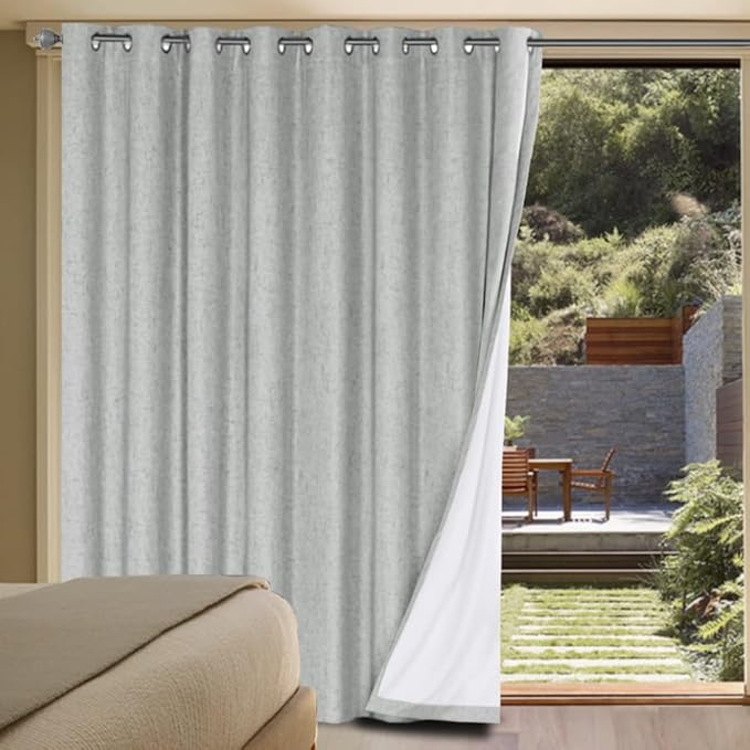 H.VERSAILTEX Linen Blackout Curtains Durable Thick Textured Linen Look 100% Blackout Patio Door Curtain Anti Rust Grommet Extra Wide Sliding Door Curtain Panel, Glacier Gray, W100 x L96 inch HVERSAILTEX