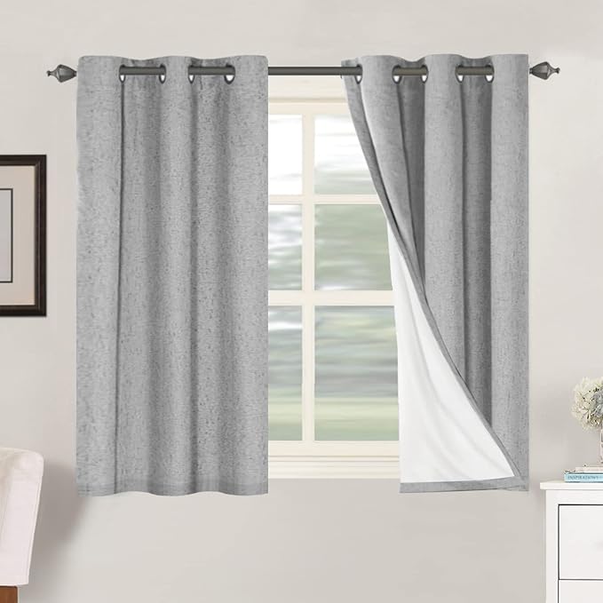 H.VERSAILTEX Primitive Linen Curtains 100% Blackout Curtain Drapes Burlap Curtains with White Thermal Insulated Liner, Grommet Top Drapes Living Room/Bedroom (2 Panels, 42 x 45 Inch, Dove Gray) HVERSAILTEX