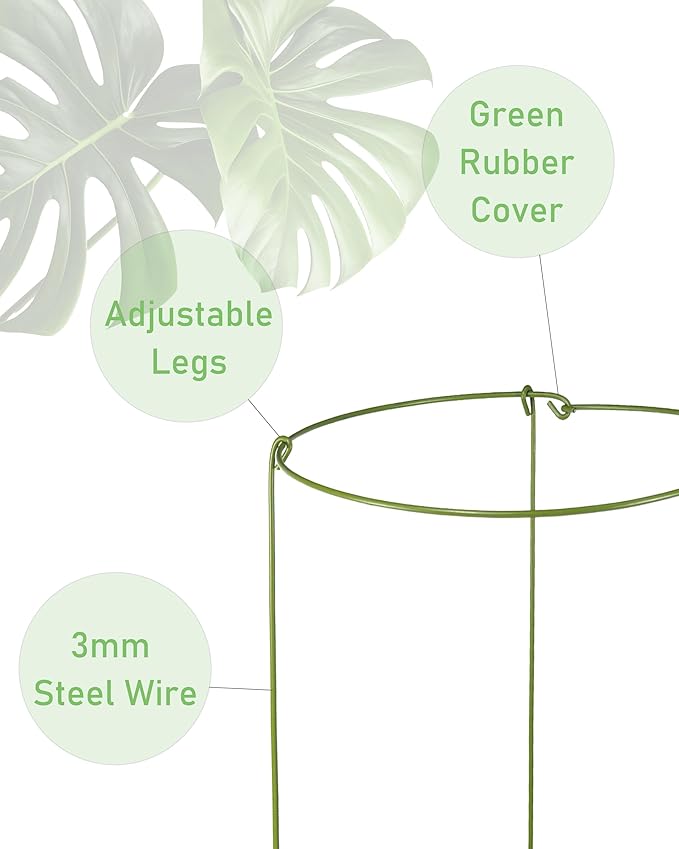 3 Pack Plant Support Stakes, Adjustable Plant Ring Cages with Green Rubber Wrapping, Ideal for Orchids, Indoor and Outdoor Potted Plants, 10" Wide x 17" High Rootora