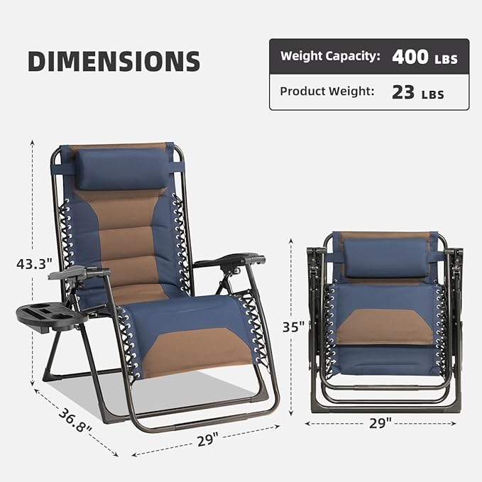 Zero Gravity Chair Oversized Padded Recliner with Adjustable Headrest & Cup Holder - 600D Oxford Folding Lounge Chair for Outdoor Camping, Patio, Poolside (Brown & Blue) Rootora