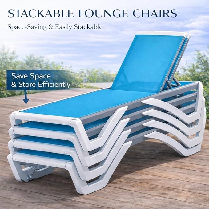 Kozyard Outdoor Chaise Lounge Chair, Full Flat Adjustable Patio Lounger with Aluminum Frame & Resin Legs, Textilene Fabric for Poolside, Backyard & Beach (Aqua/WhiteFrame, 2Chairs + Table) Kozyard