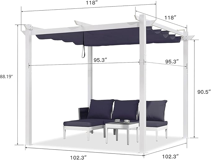 PURPLE LEAF 10' x 10' Outdoor Aluminum Pergola White Heavy-Duty Retractable Patio Metal Pergola with Double Sun Shade Canopy for Backyard Gardens Deck, Navy Blue Rootora