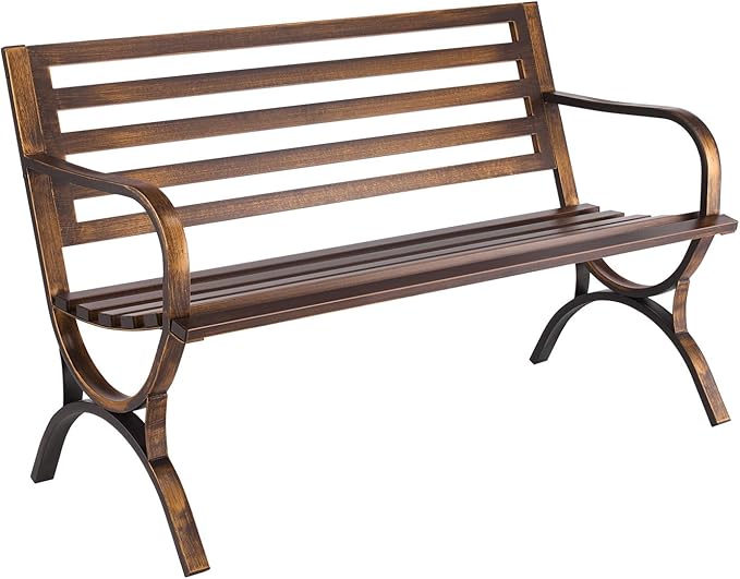 VEVOR Outdoor Bench, 50 inch, Carbon Steel Metal Frame with Slatted Pattern Backrest and Round Edge Armrests, Weatherproof Outside Bench for Patio, Garden, Park, Yard, Front Porch, Antique Bronze VEVOR