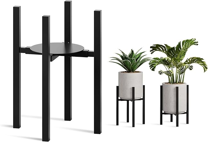 Adjustable Metal Plant Stand Indoor, Mid Century Modern Outdoor Planter Holder for 9 to 15 Inch Pots, Heavy Duty 160 LB Load, Corner Floor Stand for Home Garden Decor Black with Round Plate HomecourtyardsInterio