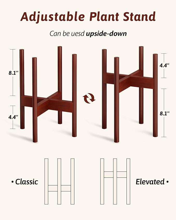 Adjustable Plant Stand Indoor, Bamboo Plant Stand Fits 8 9 10 11 12 Inches, Small Corner Planter Holder for Indoor Plants, Single Floor Plant Stands for Living Room Balcony, Reddish Brown Gentingbro