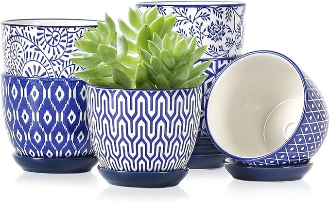 Selamica Ceramic Succulent Pots, 3.5 Inch Small Plant Pots for Indoor Plants Cactus Herbs, Succulent Planters with Drainage Holes & Saucers, Home Decor, Set of 6, Vintage Blue Selamica