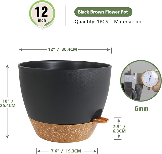 12 inch Large Self Watering Pots, Plant Pots with Mesh Drainage Holes for Indoor Outdoor Plants, Plastic Planters with Deep Reservoir for Garden House Flower Plants, Black with Brown Meowell