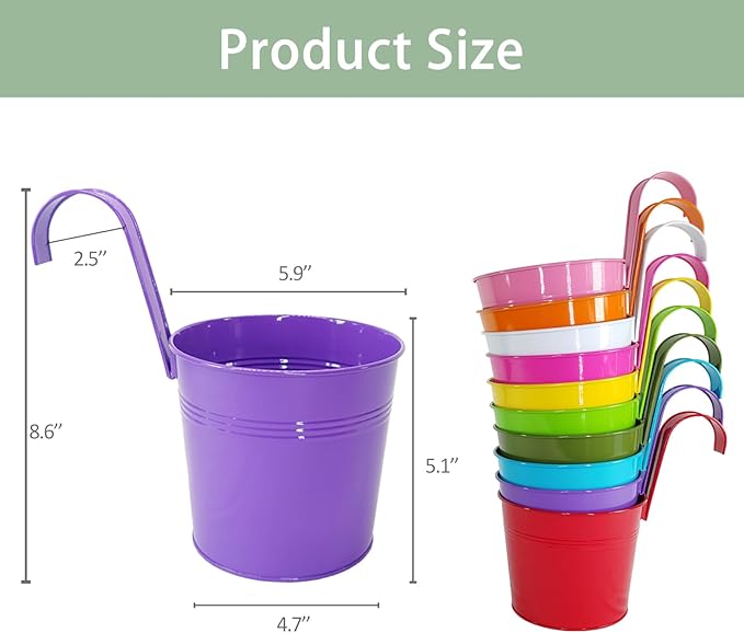 6 Inch Hanging Planters for Outdoor Plants, 10 Pack Metal Railing Planter, Rail Balcony Fence Flower Pot with Detachable Hooks, Colorful Garden Decor JOYFERNAL