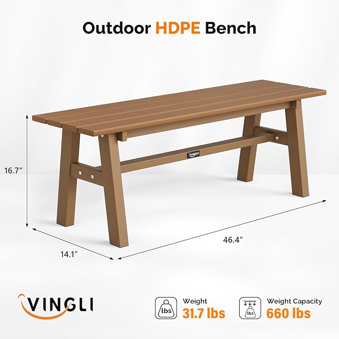 VINGLI 47” Outdoor Bench Garden Bench HDPE Porch Bench w/Metal Legs, Poly Lumber Patio Bench, 660 LBS Capacity Outdoor Backless Bench(Teak) VINGLI