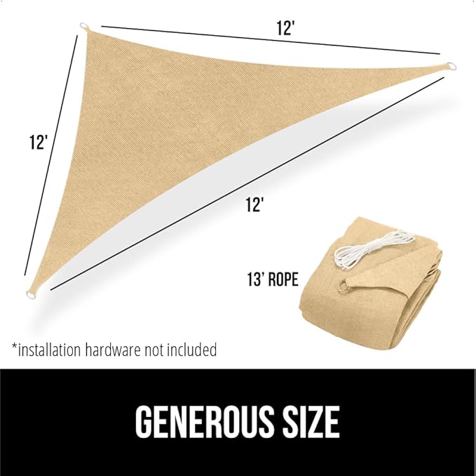 GORILLA GRIP Heavy Duty Sun Shade, UV Protection Fade Tear and Rust Resistant Rectangle Sunshade Canopy, Curved Edges Blocks Sunlight, Breathable Sail, Outdoor Patio, Lawn Garden, 12x12x12, Sand GorillaGrip