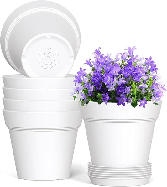 7 Inch Thick Plastic Plant Pots with Drainage Holes and Trays – 6 Pack Nursery Pots for Indoor & Outdoor House Plants, Seedling Starter Planters for Garden Flowers, White WSMKSZ
