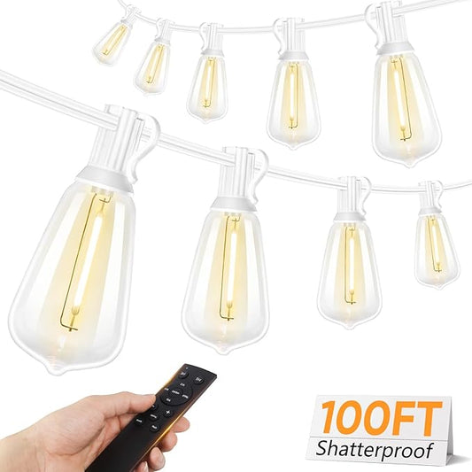 Brightever 100FT Outdoor String Lights with Remote, Dimmable LED Patio Lights with 32 ST38 Shatterproof Vintage Bulbs, 2700K Warm White 3 Modes 2 Timer Outside Light for Yard, Deck, Cafe, White Brightever