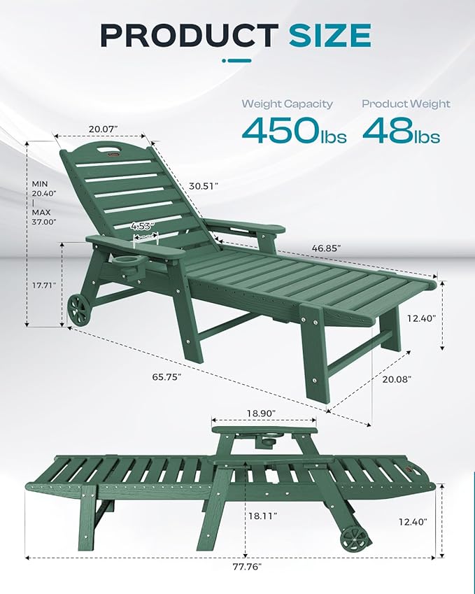 Outdoor Lounge Chair Set of 4, All Weather Patio Chaise Lounge Chair for Outside, HDPE Chair with Rolling Wheels & Cup Holder, 5 Position, Deck, Pool, Green CIOKEA