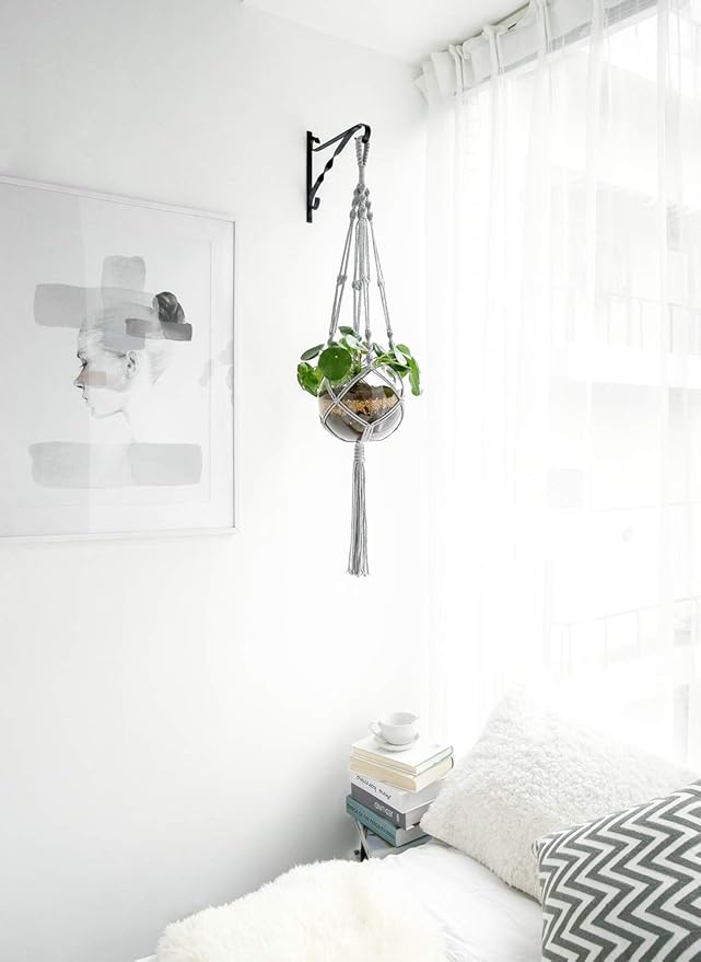 Mkono Macrame Plant Hangers Indoor Outdoor Hanging Planter Basket Cotton Rope 4 Legs 41 Inch, 1 Pack, Grey Mkono