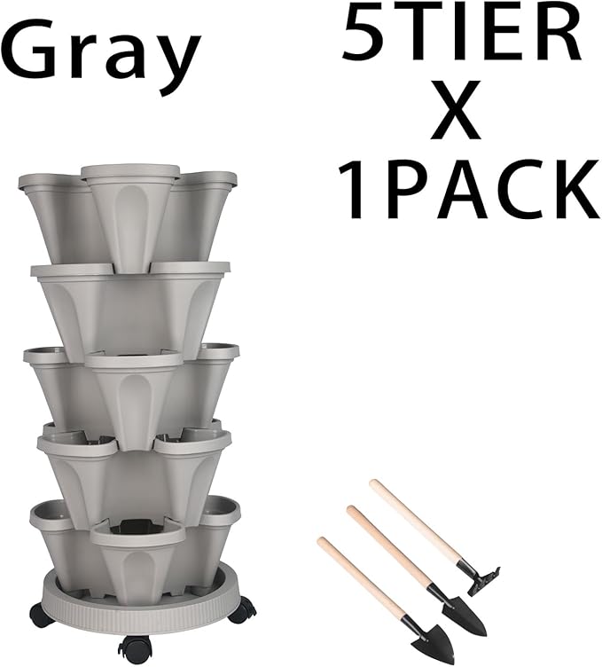 GameXcel Vertical Planter 5 Tier Stackable Planters Garden Planters Strawberry Herb Flower and Vegetable Planter Indoor Outdoor Gardening Pots with Removable Wheels and Tools GameXcel