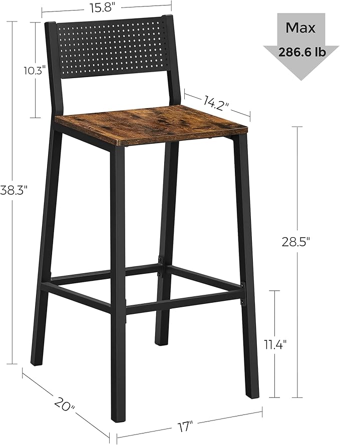 VASAGLE Bar Stools, Set of 2 Bar Chairs, Tall Bar Stools with Backrest, Industrial in Party Room, Rustic Brown and Black ULBC070B01 VASAGLEbySONGMICSHOME