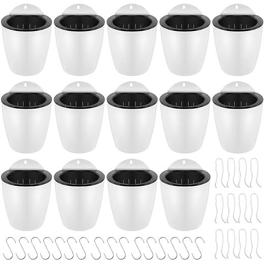 14 Pack 5 Inch Self Watering Wall Mounted Planters, Plant Flower Pots with Hooks and Wicks for Indoor and Outdoor, White MUKCHAP