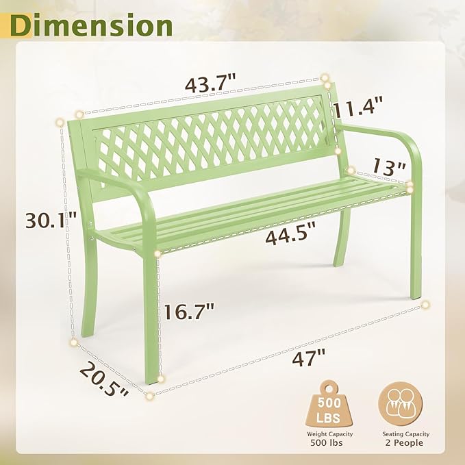 VINGLI 47'' Outdoor Bench, Weather Resistant Garden Patio Bench Powder Coated Iron Frame w/PVC Mesh Backrest Slatted Seat, 2-Person Outdoor Furniture for Front Porch Entryway Park (Green) VINGLI