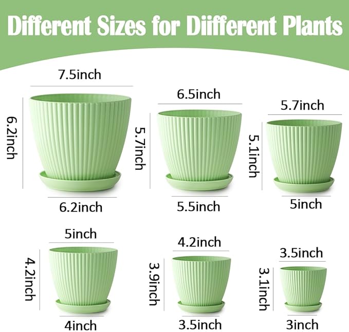 7.5/6.5/5.5/4.9/4.2/3.5 Inch Plant Pots with Saucers & Drain Holes - Indoor/Outdoor Flower Pots for Succulents, Herbs, Cactus - Modern Lightweight Durable Planter Set, Green RooTrimmer