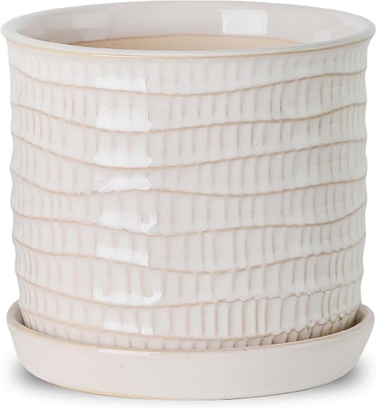 5.8 Inch Plant Pot: Ceramic Planter with Drainage Hole & Saucer for Indoor Outdoor Plants - Flowerpot with Bonded Tray for Home Office - Wave Embossed Chubacoo