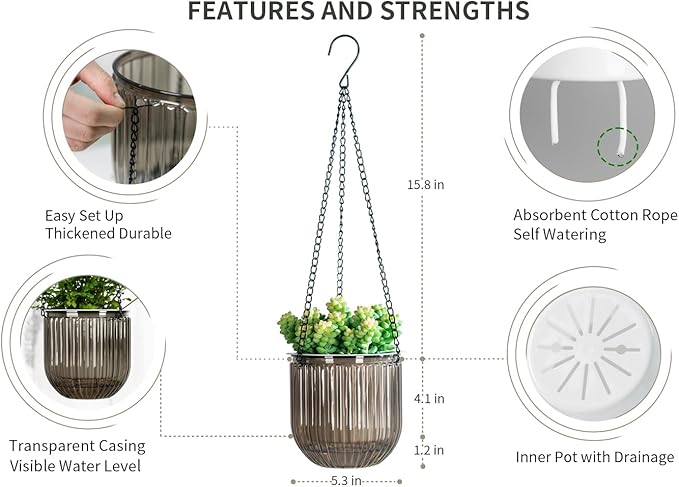 Josteve 5.2 Inch 2 Pcs Self Watering Hanging Planter Indoor Plant Pots Drainage Holes, Outdoor Small Hanging Planters Flower Pot Basket, Visible Water Level, Plant Hanger Home Decor, Gardening Josteve