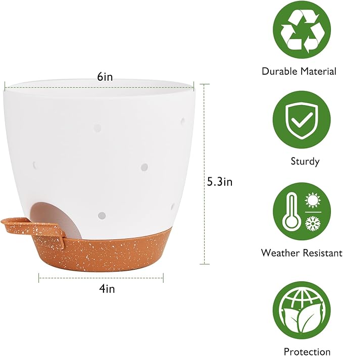 6 Inch Orchid Pots with Holes, 2 Pack Self Watering Planters for Orchids Plastic Orchid Pot Plant Flower Pots for Orchids Indoor Outdoor (White with Brown) Vanslogreen