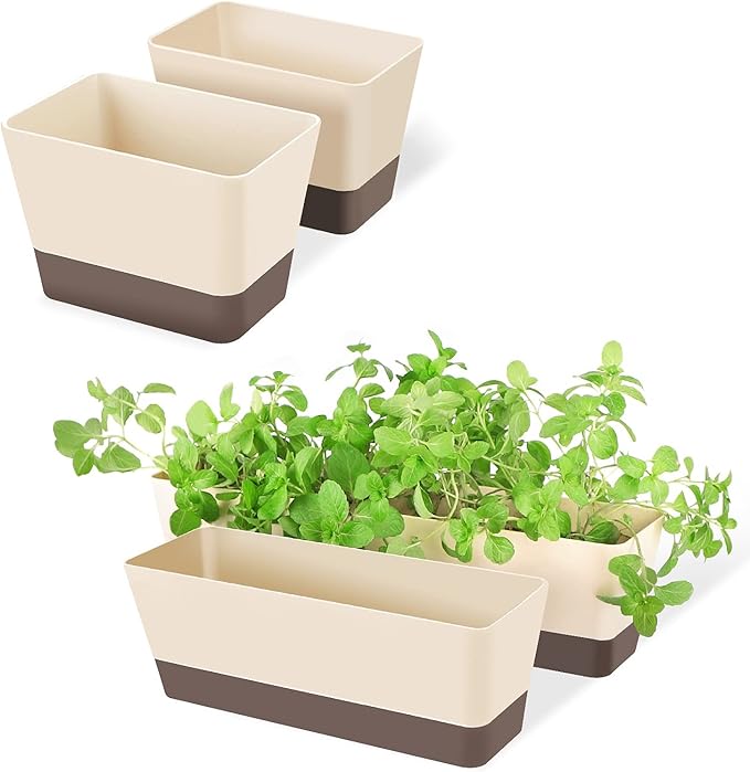 SUREAM Indoor Herb Planter Boxes, 4 Pack Window Box with Tray, Modern Plastic Plant Flower Succulent Cactus Pots for Windowsill, Garden Balcony, Home Office Outdoor Decor(6x3.8, 12x3.8, 16x3.8Inch) Suream