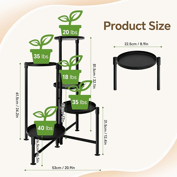 5 Tier Plant Stand Indoor, Metal Corner Plant Shelf Outdoor, Foldable Tall Plant Rack for Mutiple Plants, Flower Pot Holder Display Stand for Living Room Patio Home Decor for Gatdening KISENG