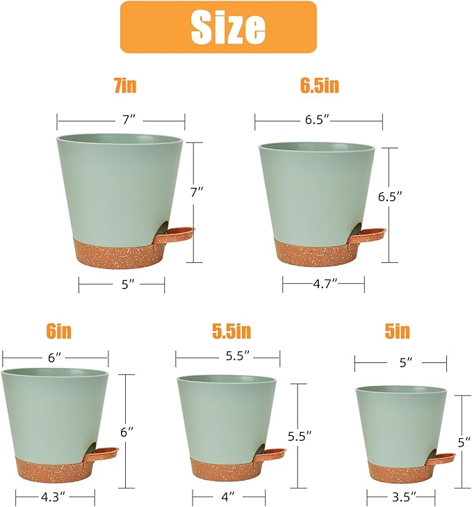Planters for Indoor Plants 7/6.5/6/5.5/5 Inch, Self Watering Planters with Drainage Holes and Saucers 5 Pack Plastic Pots for Plants, Succulents, Herbs, Cactus, Flower Pots, Green Vanslogreen