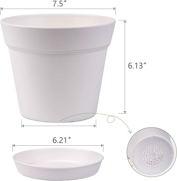 homenote Pots for Plants, 8 Pcs 7.5 Inch Plastic Planters with Multiple Drainage Holes and Tray - Plant Pots for All Home Garden Flowers Succulents, Cream White HOMENOTE