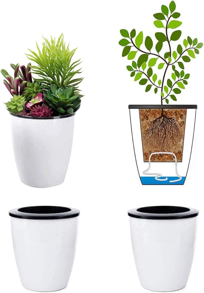 3.5“ Self Watering Planter White Flower Pot, 3 Pcs Small Planter Pot, Mini Plant Pot, for All Plants, Herbs, African Violets, Succulents, Flowers Or Start Plants, White, 3 inch OYSIR