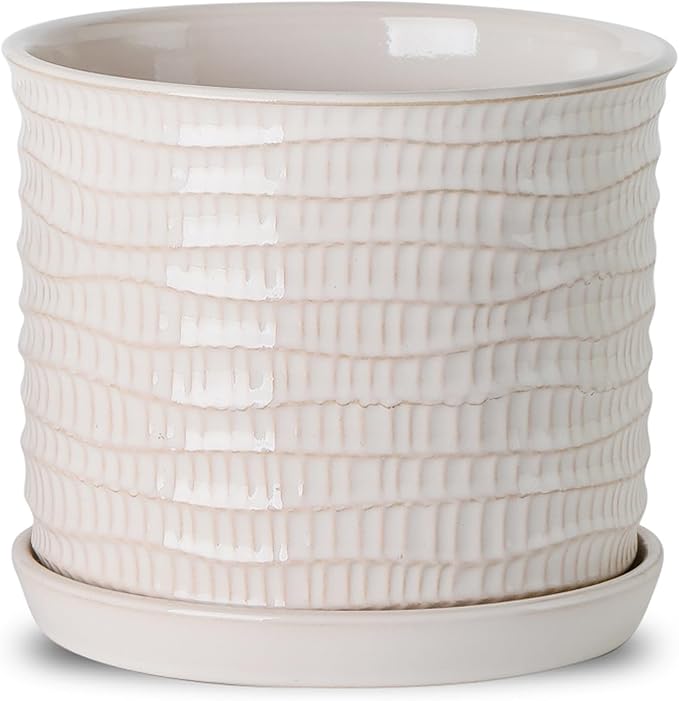 8 Inch Plant Pot: Ceramic Planter with Drainage Hole & Saucer for Indoor Outdoor Plants - Flowerpot with Bonded Tray for Home Office - Wave Embossed Chubacoo