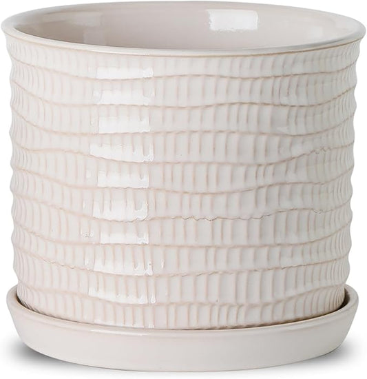 8 Inch Plant Pot: Ceramic Planter with Drainage Hole & Saucer for Indoor Outdoor Plants - Flowerpot with Bonded Tray for Home Office - Wave Embossed Chubacoo