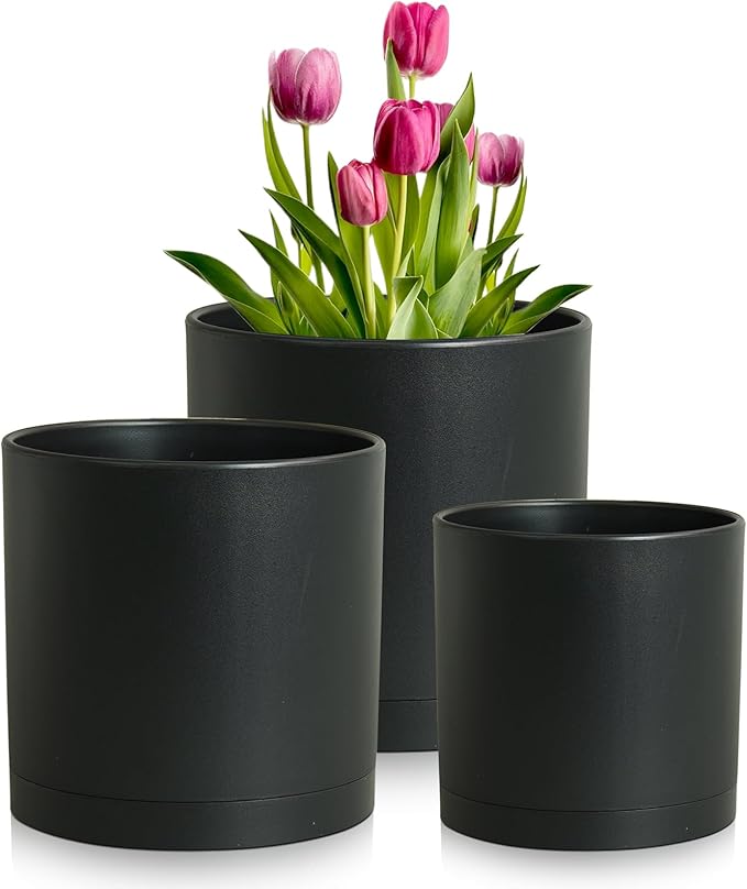 12/10/8 inch Large Deep Plant Pots, 3 Pack Tall Cylinder Flower Pots for Outdoor Indoor Plants, Plastic Planters with Drainage Holes and Saucers for Garden Porch House Plants, Black Meowell