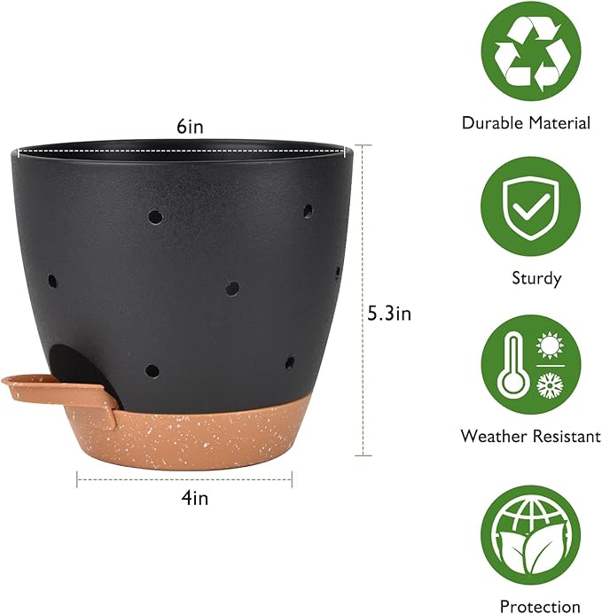 6 Inch Orchid Pots with Holes, 2 Pack Self Watering Planters for Orchids Plastic Orchid Pot Plant Flower Pots for Orchids Indoor Outdoor (Black with Brown) Vanslogreen