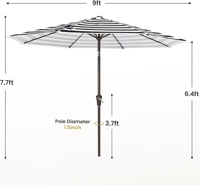 MEWAY 9ft Patio Umbrella Outdoor Table Umbrellas with Push Button Tilt and Crank, Market Umbrella 8 Sturdy Ribs for Deck, Garden, Pool and Backyard, Black-white-striped MEWAY
