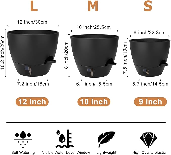 Self-Watering Plant Pots with Water Level Indicator, Drainage Holes & Saucers – 12/10/9 Inch Large Plastic Planter Set for Indoor & Outdoor Plants (Pure Black) QRRICA