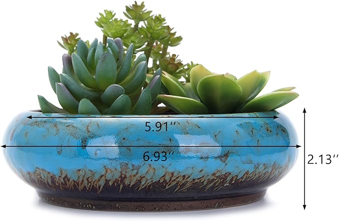 VanEnjoy 7.3 inch Round Large Shallow Succulent Ceramic Glazed Planter Pots with Drainage Hole, Bonsai Pots Garden Decorative Cactus Stand Flower Container (Blue) VanEnjoy