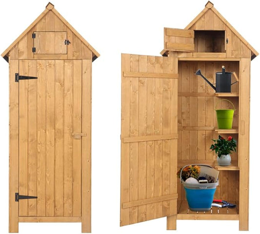 Outvita Outdoor Storage Cabinet, 70in Wooden Vertical Garden Tools Shed, Patio Storage Organizer with Latch & Waterproof Roof for Yard Deck Lawn Farmland Equipment(Natural) Outvita