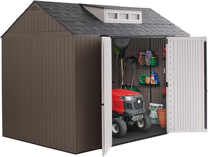 Rubbermaid Extra Large Resin Outdoor Storage Shed With Floor (7 x 10.5 Ft.) Weather Resistant Brown Organization for Home/Lawn Mower/Backyard Equipment/Bike Storage/Pool Supplies Rubbermaid