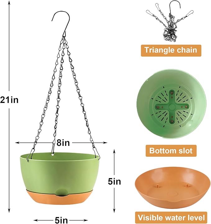 4 Pack Plastic Hanging planters for Indoor Plants,8 Inch Plant Pot Indoor Outdoor Hanging Baskets,Hanging Flower Pots with Drainage Holes and Chain for Garden Porch Plants (Green) KPUVX