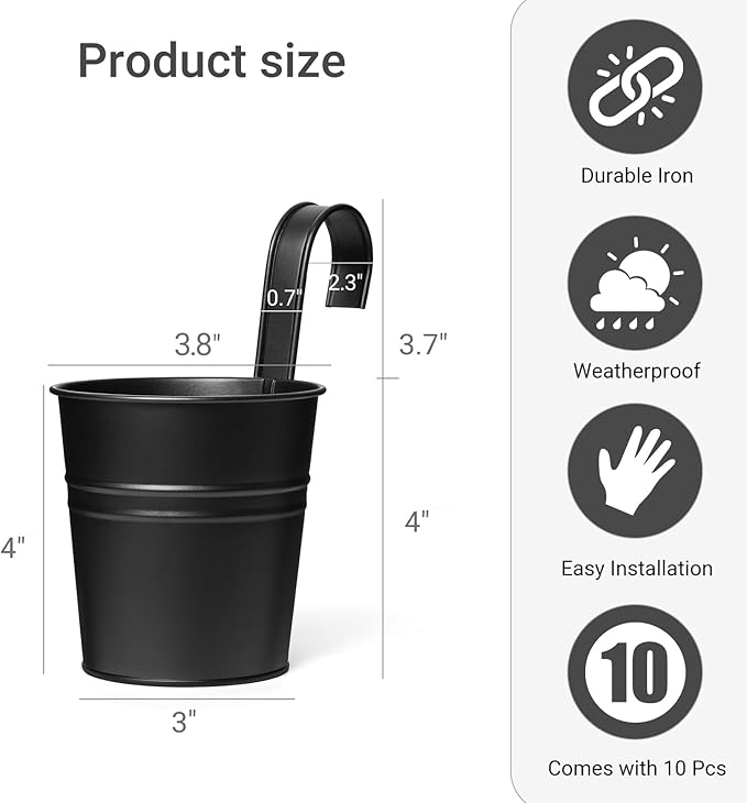 Dahey 5 Pcs Hanging Flower Pots 4 Inches Metal Iron Bucket Outdoor Planter for Railing Fence Balcony Garden Home Decoration Flower Holders with Detachable Hooks, Black Dahey
